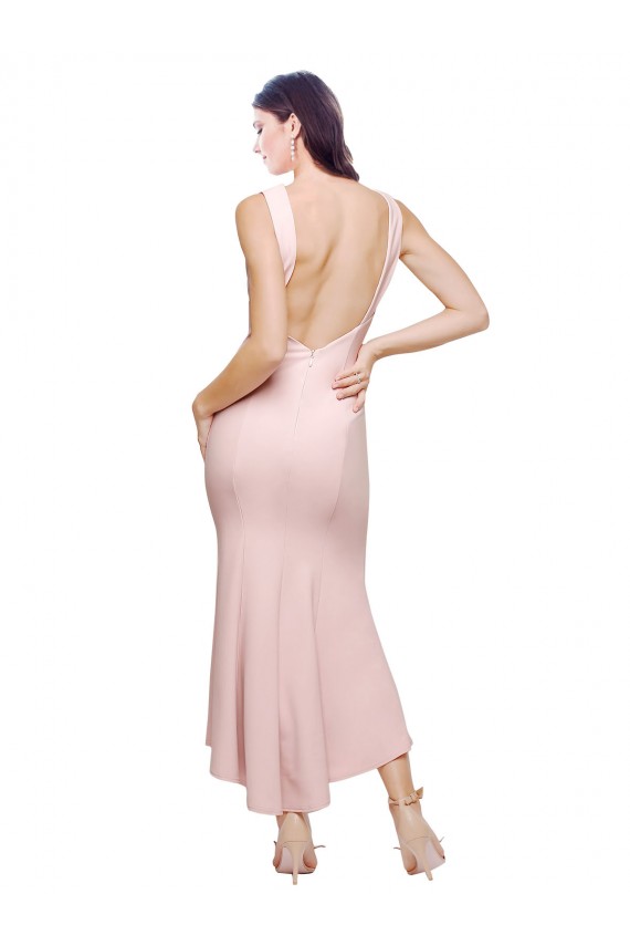 Low Back Pink Sheath High Neck Midi Length High Low Formal Dress