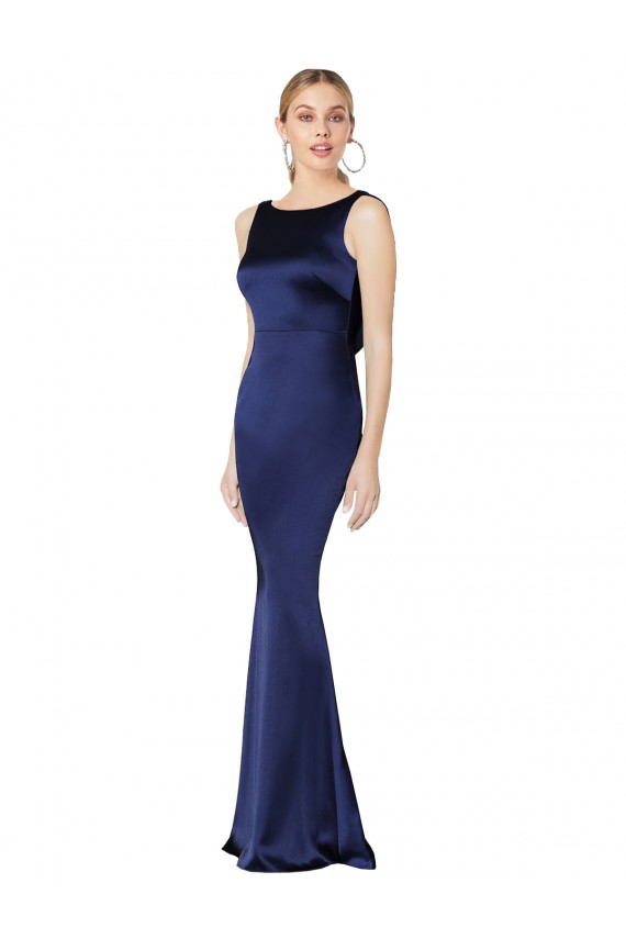 Low Back Dark Navy Sheath High Neck Long Formal Dress
