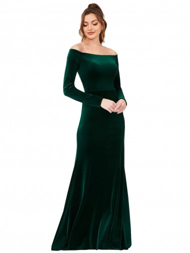 Cheap Dark Green Sheath Off the Shoulder Long Formal Dress UK