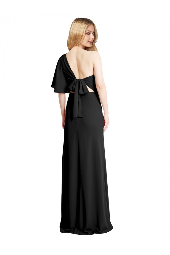 Black Sheath One Shoulder Flutter Sleeves Long Formal Dress