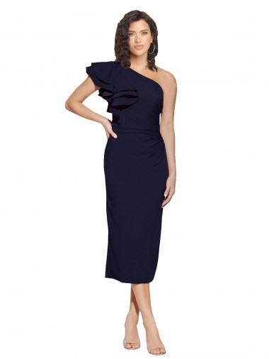 Cheap Dark Navy Sheath One Shoulder Midi Length Formal Dress UK
