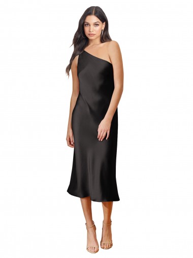 Cheap Black Sheath One Shoulder Midi Length Black Tie Formal Dress UK