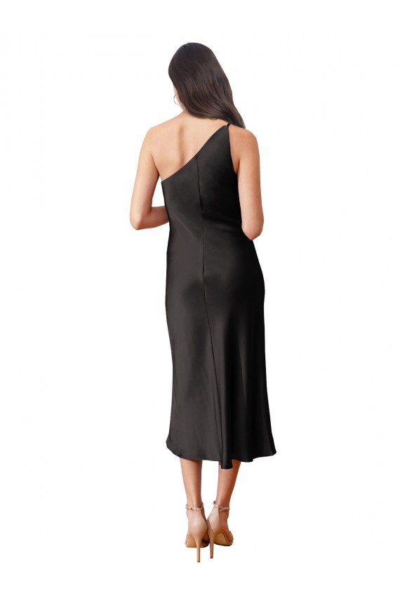Black Sheath One Shoulder Midi Length Black Tie Formal Dress