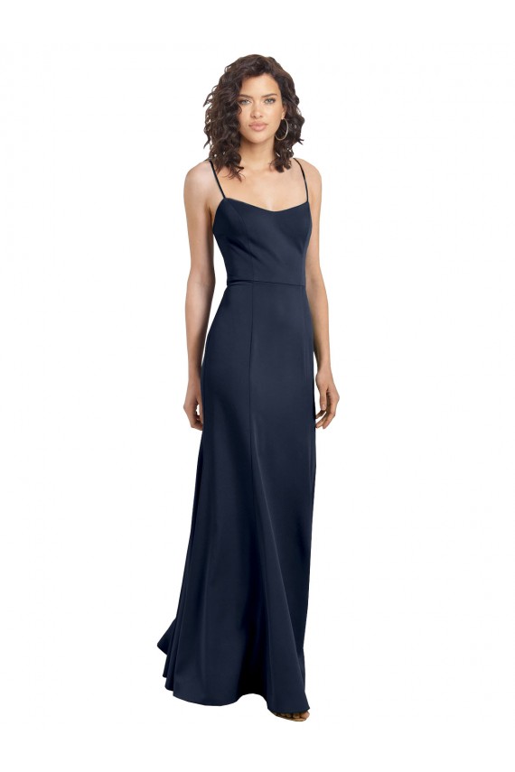 Low Back Dark Navy Sheath Scoop Neck Long Formal Dresses