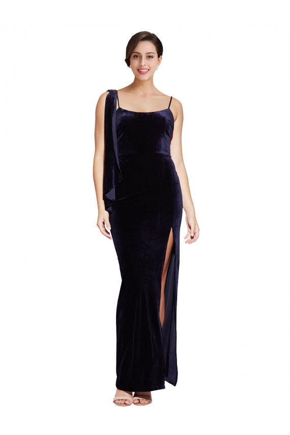 Low Back Dark Navy Sheath Square Neck Long Formal Dress