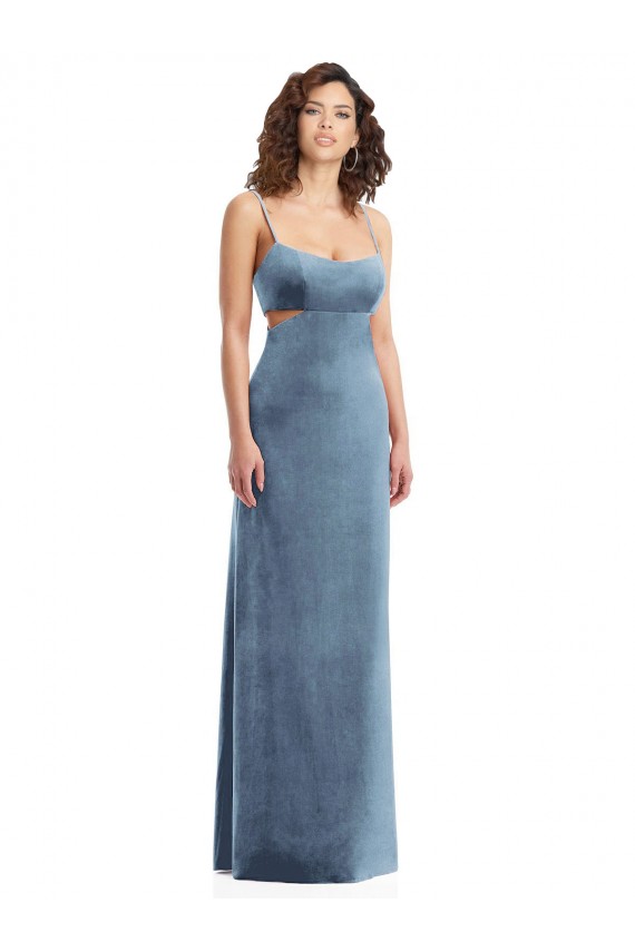Low Back Dusty Blue Sheath Square Neck Long Formal Dress