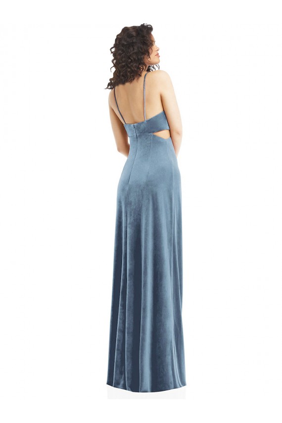 Low Back Dusty Blue Sheath Square Neck Long Formal Dress