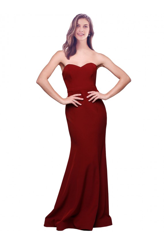 Low Back Burgundy Sheath Strapless Long Formal Dress