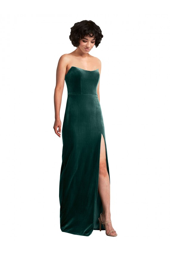 Low Back Dark Green Sheath Strapless Long Black Tie Formal Dress