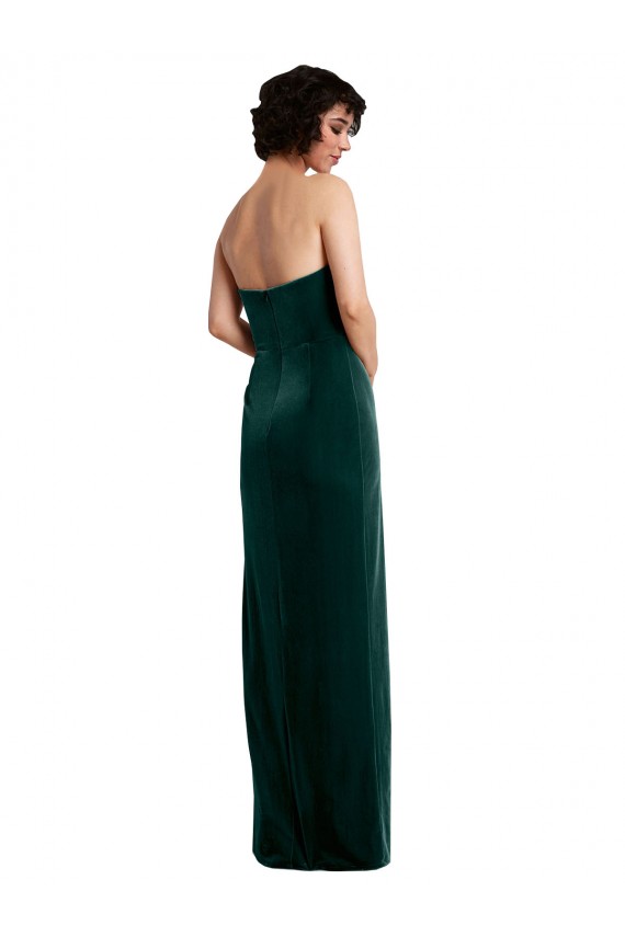 Low Back Dark Green Sheath Strapless Long Black Tie Formal Dress