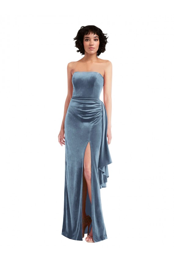 Low Back Dusty Blue Sheath Strapless Long Formal Dress