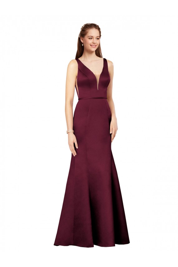 V-Back Burgundy Sheath V-Neck Long Formal Dress