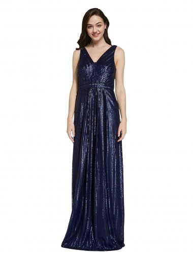 Cheap V-Back Dark Navy Sheath V-Neck Long Formal Dress UK
