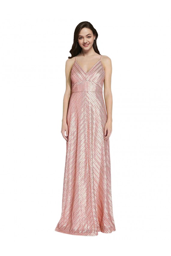 Low Back Rose Gold Sheath V-Neck Long Formal Dress
