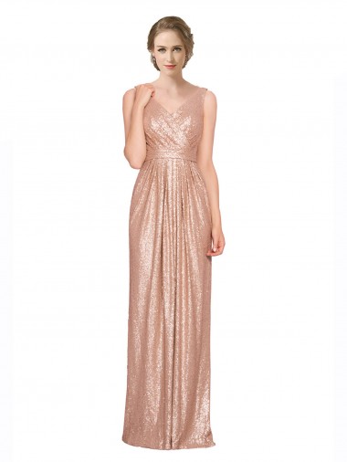 Cheap Rose Gold Sheath V-Neck Long Formal Dress UK