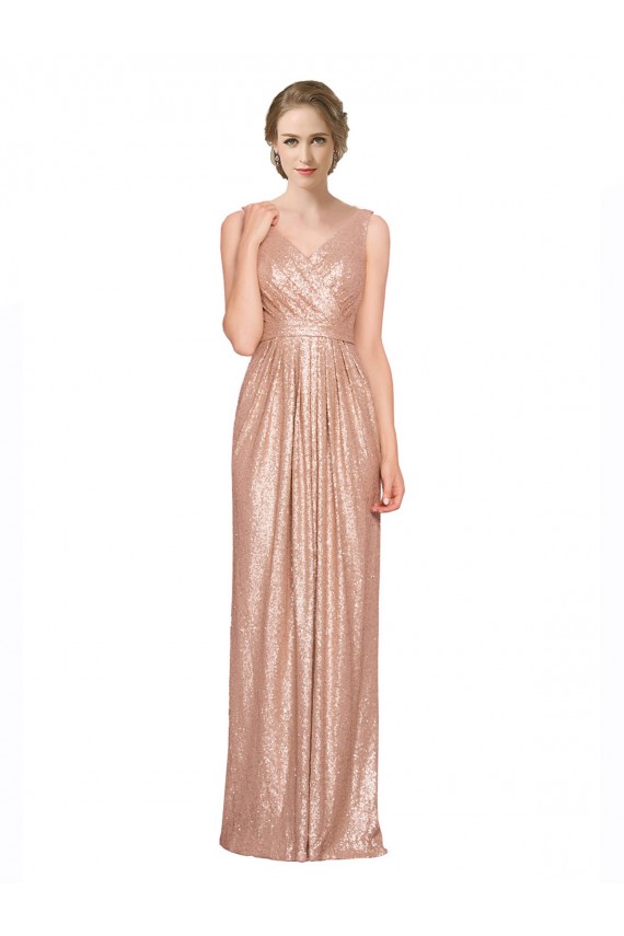 Rose Gold Sheath V-Neck Long Formal Dress
