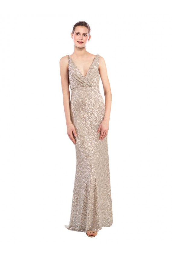 V-Back Silver Sheath V-Neck Long Formal Dress