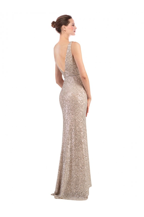 V-Back Silver Sheath V-Neck Long Formal Dress
