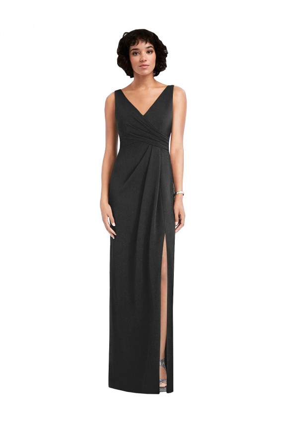 V-Back Black Sheath V-Neck Long Formal Dress