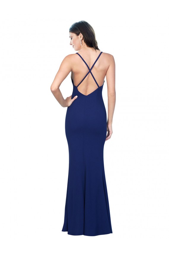 Open Back Royal Blue Sheath V-Neck Long Formal Dress