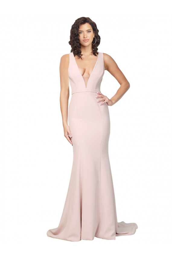 V-Back Pink Sheath V-Neck Sweep Train Black Tie Formal Dress