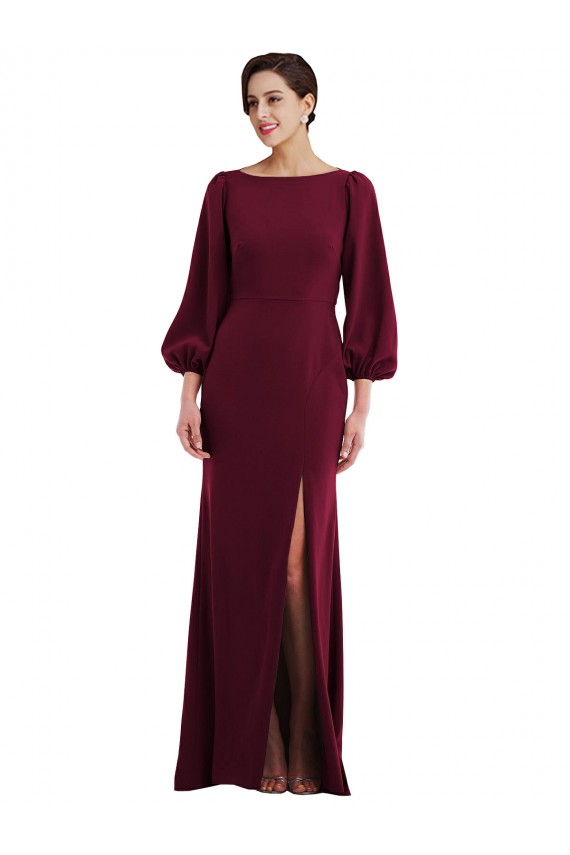 Open Back Burgundy Gold Trumpet Bateau Neck Long Formal Dresses