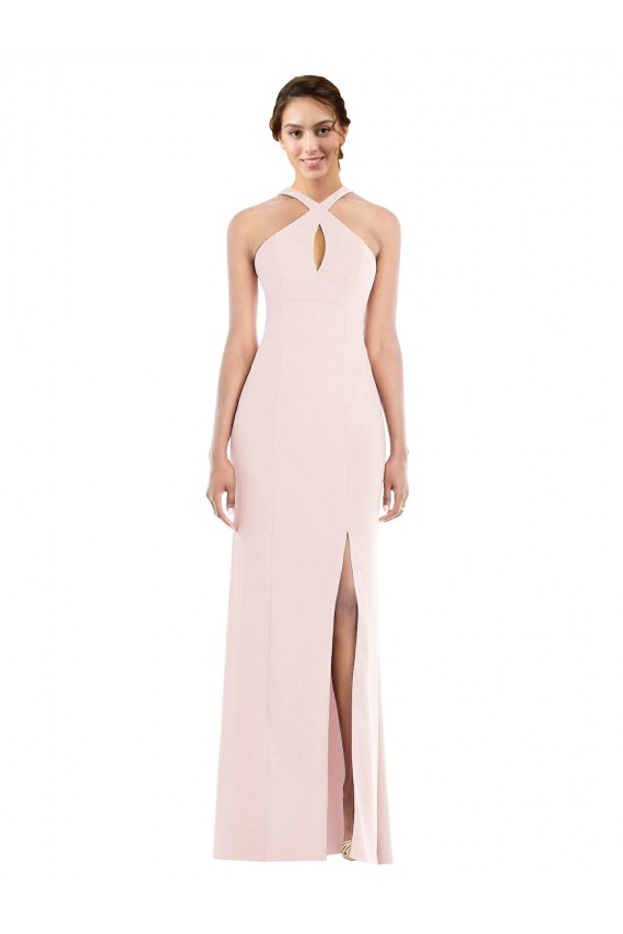 Low Back Pink Trumpet Halter Neck Long Formal Dress
