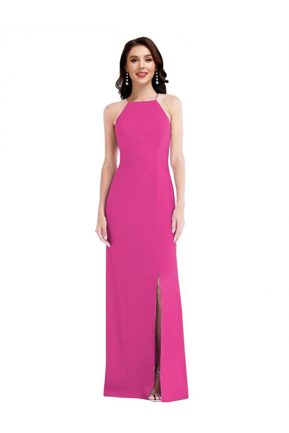 Open Back Fuchsia Trumpet High Neck Long Formal Dress