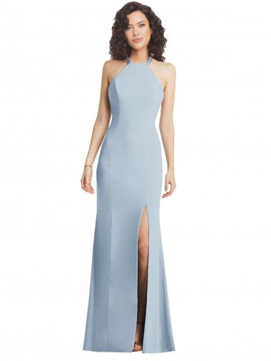 Cheap Open Back Light Sky Blue Trumpet High Neck Long Formal Dresses UK