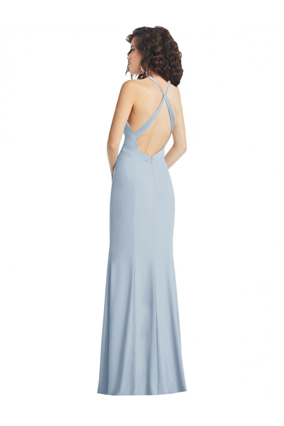 Open Back Light Sky Blue Trumpet High Neck Long Formal Dresses