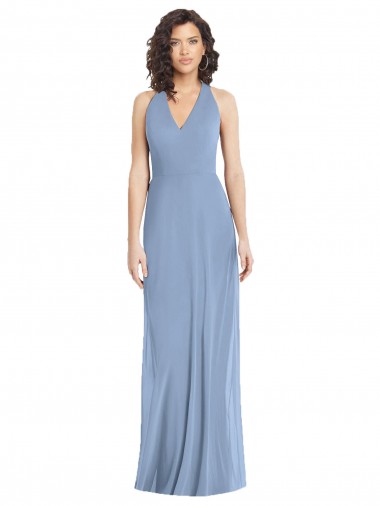 Cheap Open Back Dusty Blue Trumpet V-Neck Long Formal Dress UK