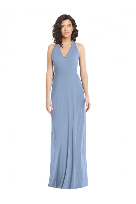 Open Back Dusty Blue Trumpet V-Neck Long Formal Dress