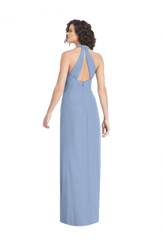 Open Back Dusty Blue Trumpet V-Neck Long Formal Dress